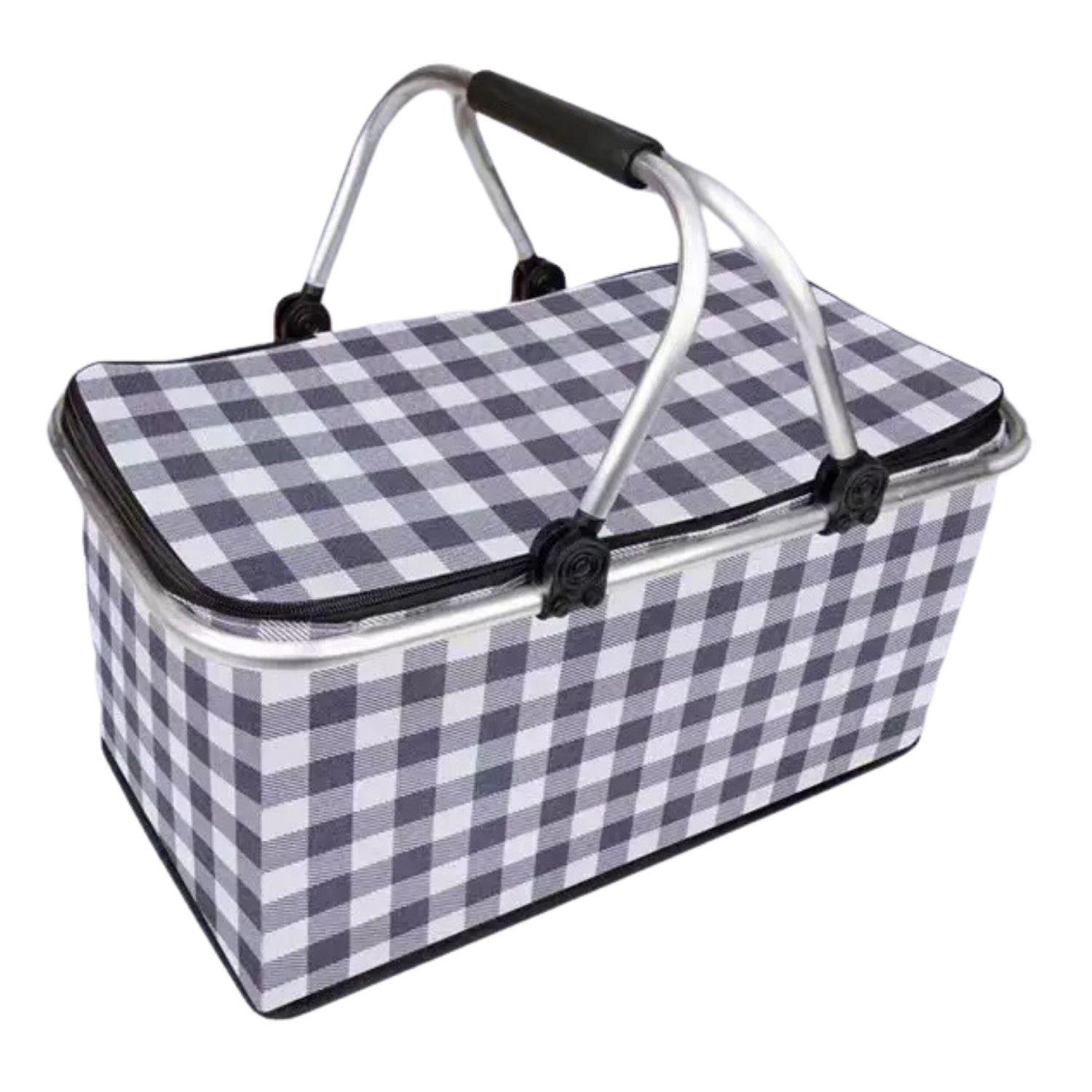 Bolso Termico Plegable Cuadros Negros Cooler Canasta Picnic-0