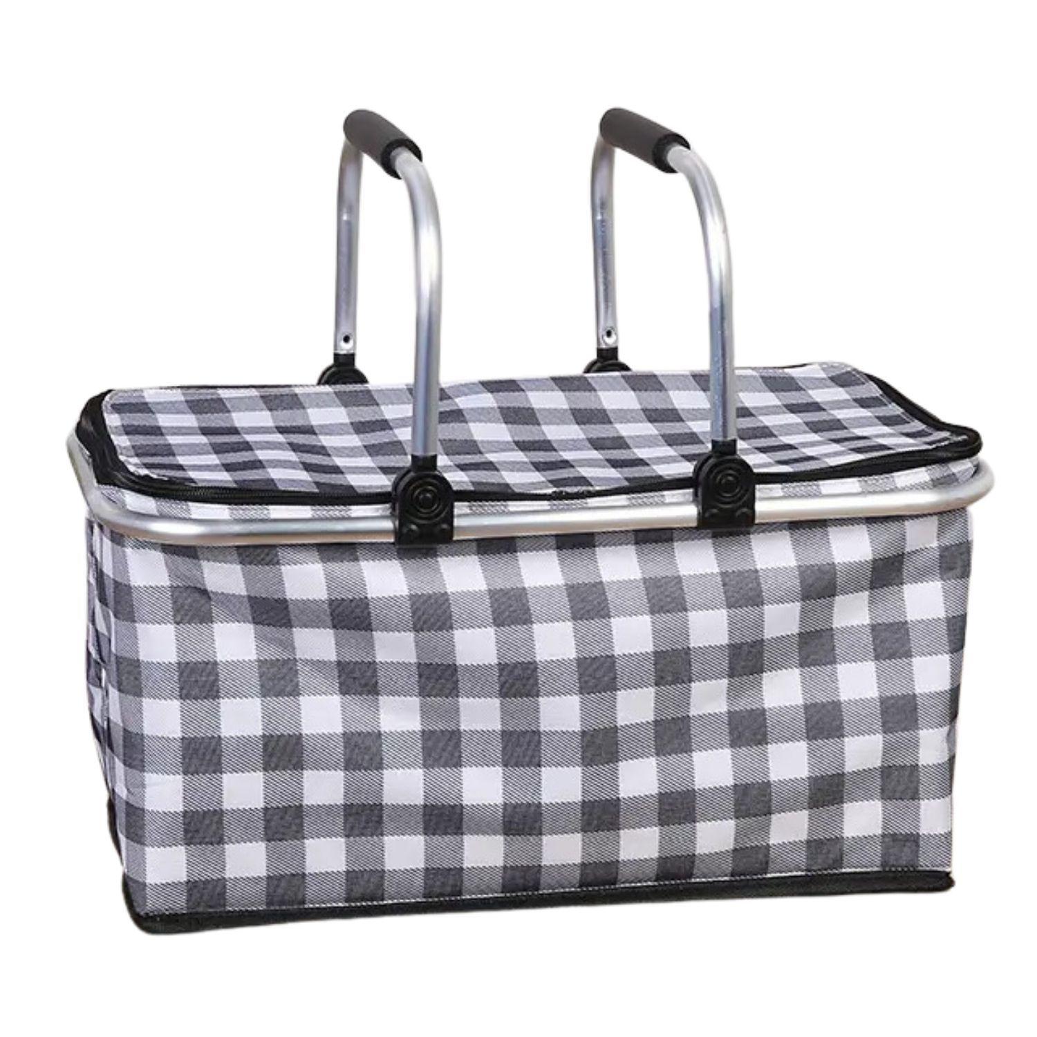 Bolso Termico Plegable Cuadros Negros Cooler Canasta Picnic-2