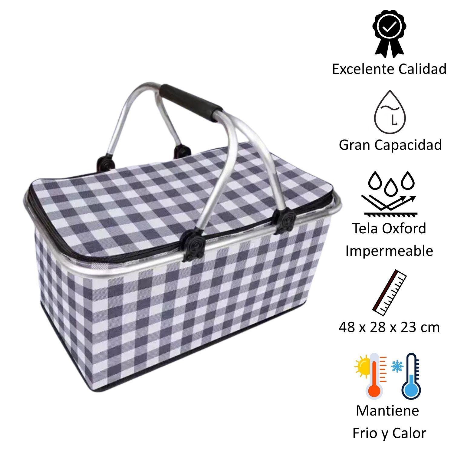 Bolso Termico Plegable Cuadros Negros Cooler Canasta Picnic-3