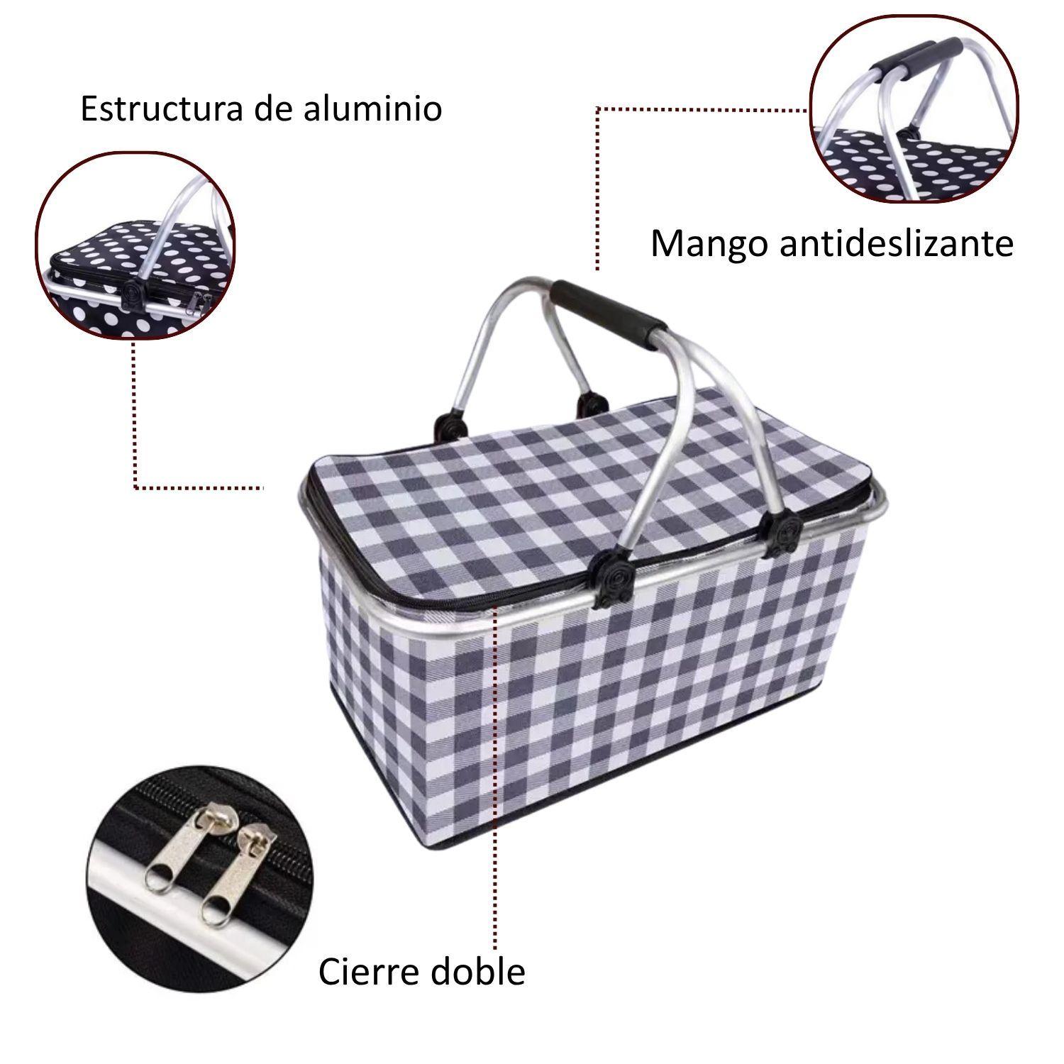 Bolso Termico Plegable Cuadros Negros Cooler Canasta Picnic-4