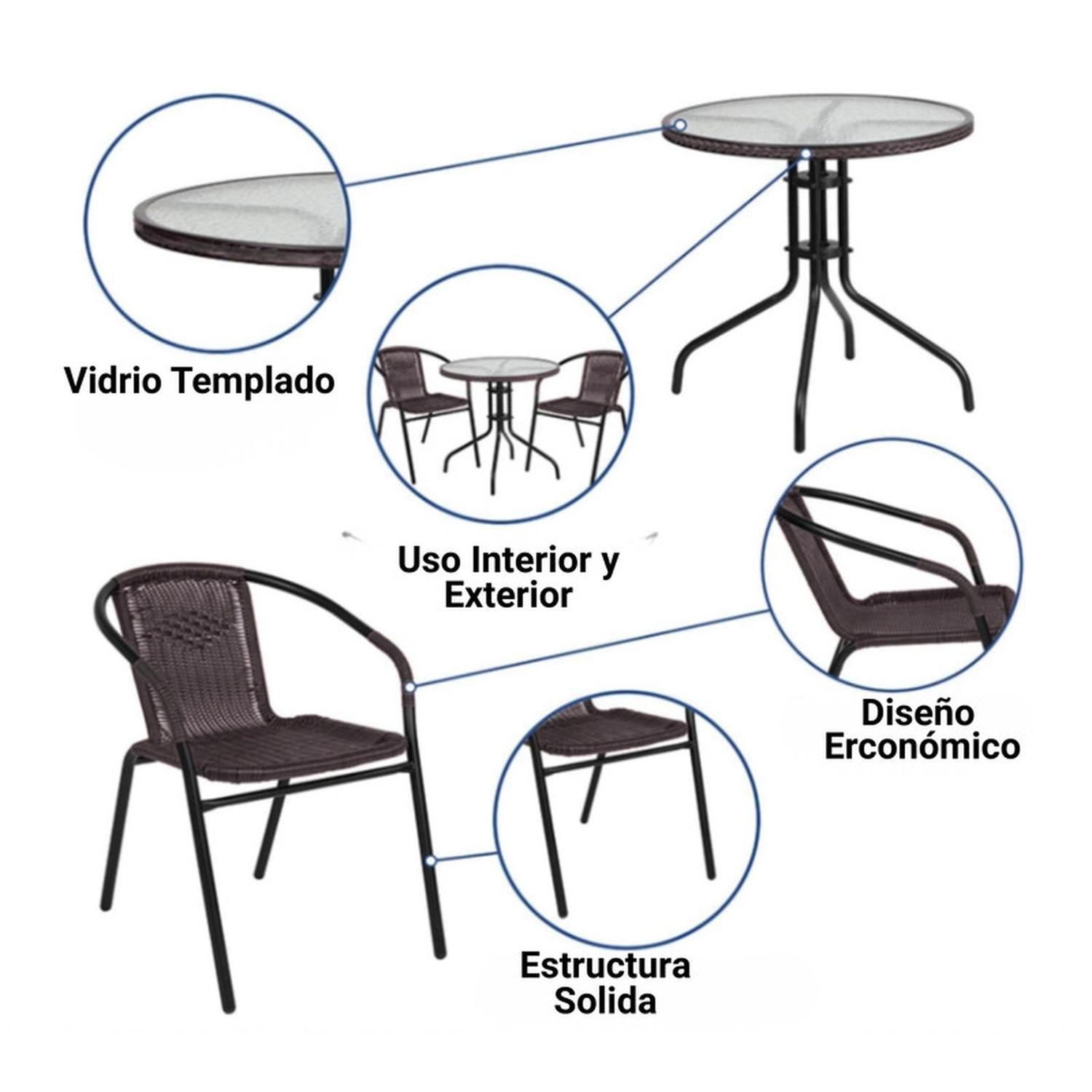 Juego De Terraza De Balcón Comedor Mesa Vidrio Kate 2 Sillas-5