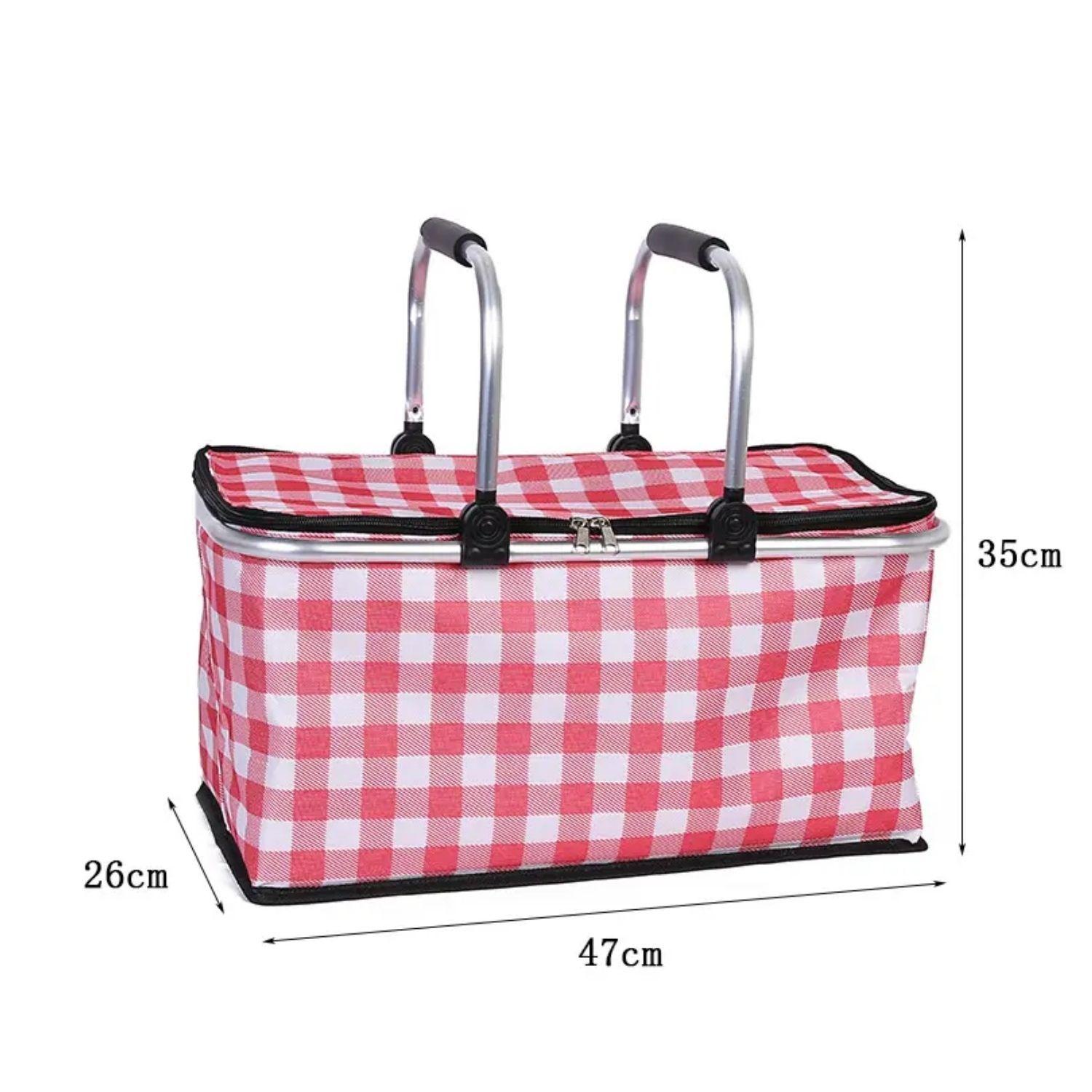 Bolso Termico Plegable Cuadros Rojos Cooler Canasta Picnic-3