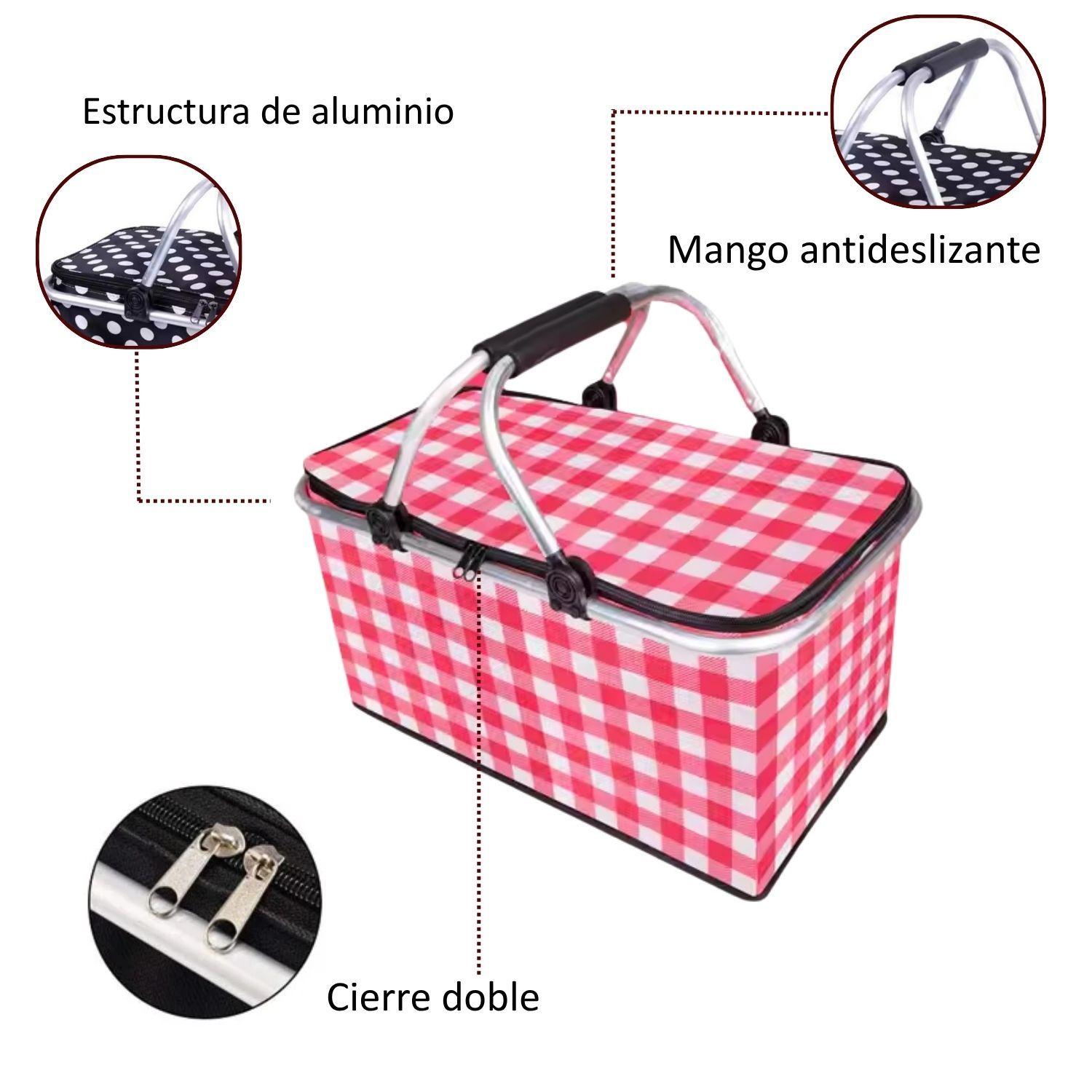 Bolso Termico Plegable Cuadros Rojos Cooler Canasta Picnic-4