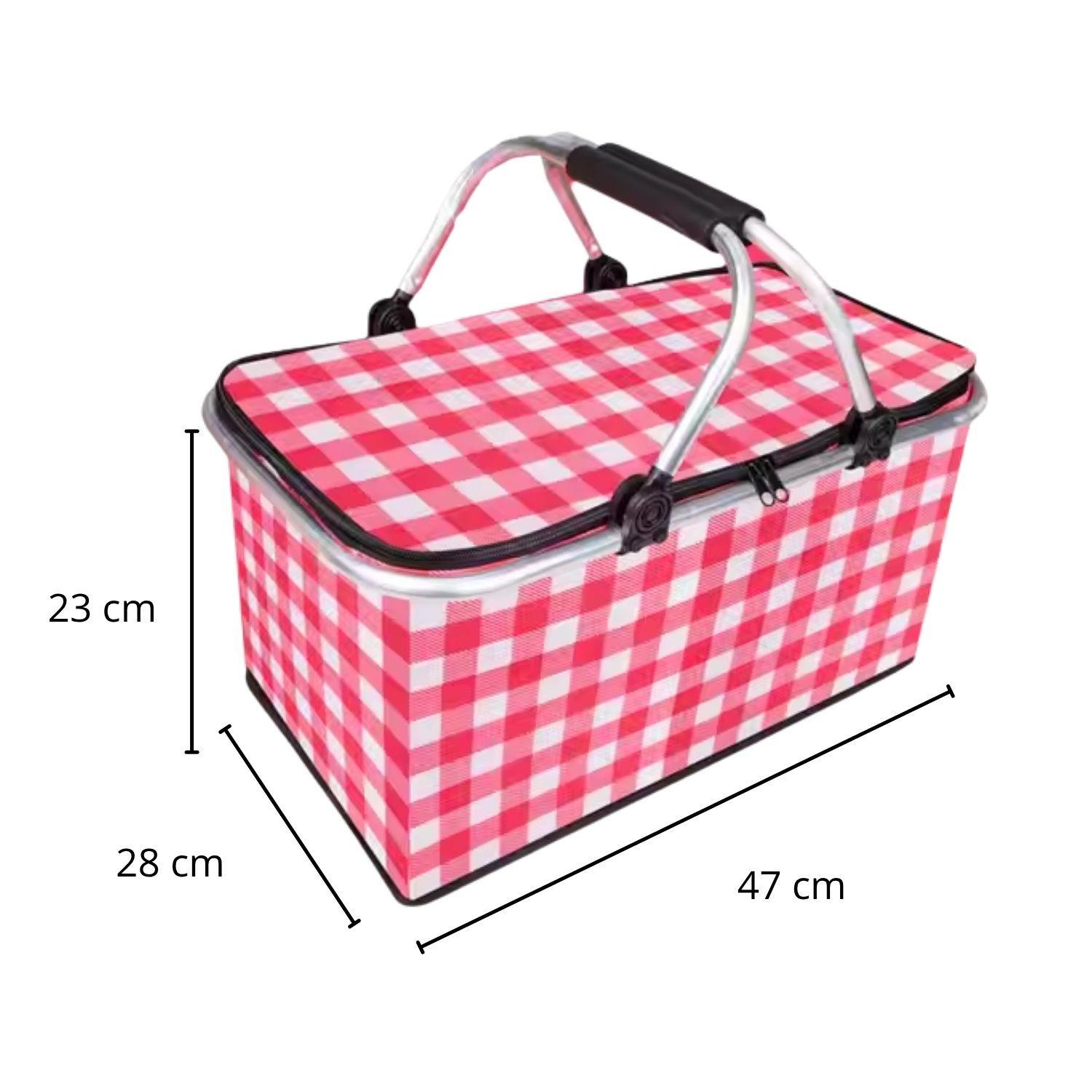 Bolso Termico Plegable Cuadros Rojos Cooler Canasta Picnic-5