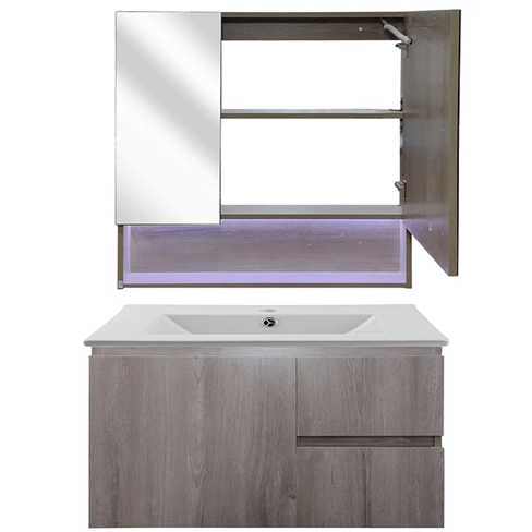 Kit Mueble con Vanitorio a muro y Botiquin Espejo Space Nogal Claro 80cm-2
