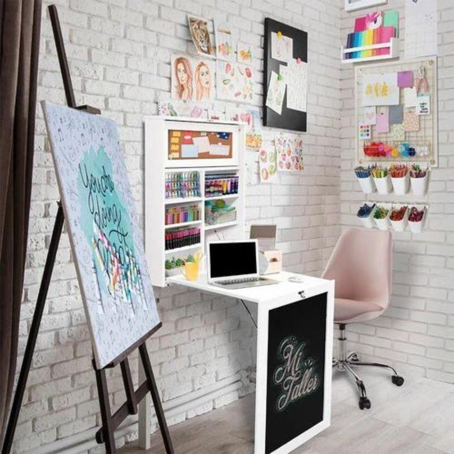 Escritorio Plegable De Pared, Con Estantes Y Pizarra-6