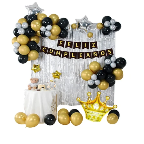 Set De Globos Feliz Cumpleaños Dorado Y Negro 68pcs-0