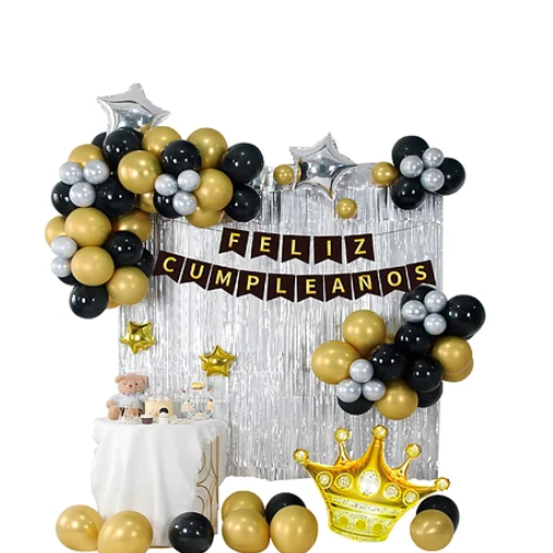 Set De Globos Feliz Cumpleaños Dorado Y Negro 68pcs-1