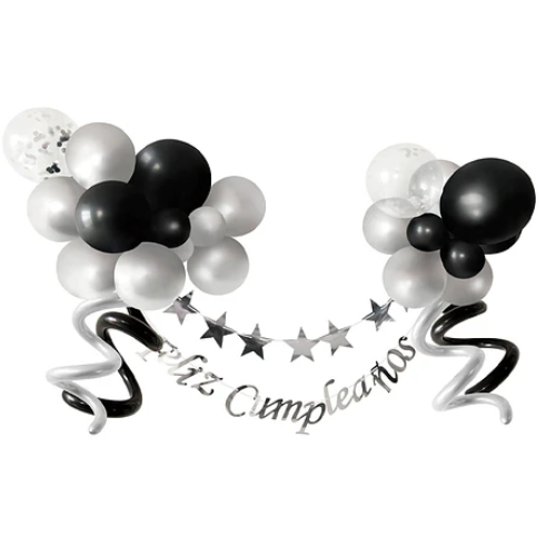 Set De Globos Latex Guirnalda Feliz Cumpleaños Plateado Negro-0