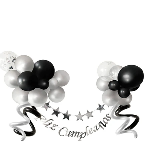 Set De Globos Latex Guirnalda Feliz Cumpleaños Plateado Negro-1