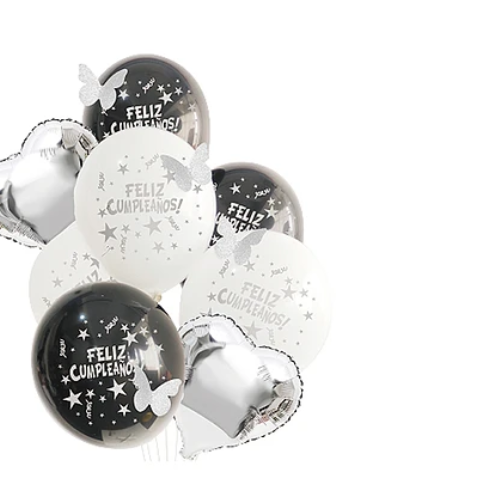 Set Globos Feliz Cumpleaños Blanco Negro Mariposa 8Pcs 30Cm-1