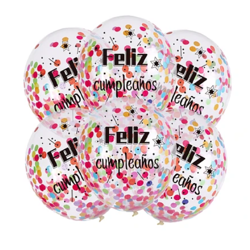 Set Globos Transparente Feliz Cumpleaños Confeti Colores 6 pcs-0