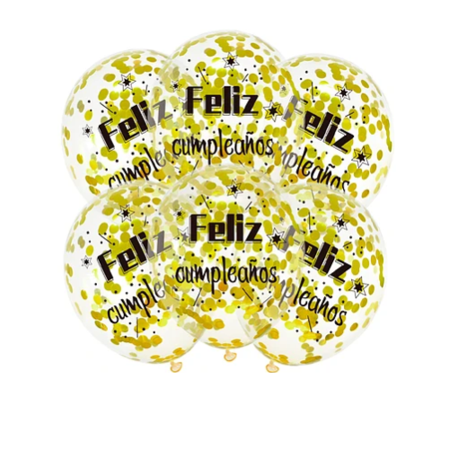 Set Globos Transparente Feliz Cumpleaños Confeti Dorado 6pcs-0