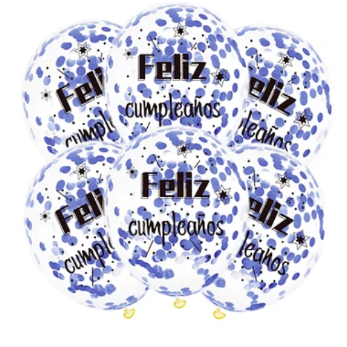 Set Globos Transparente Feliz Cumpleaños Confeti Azul 6pcs-0