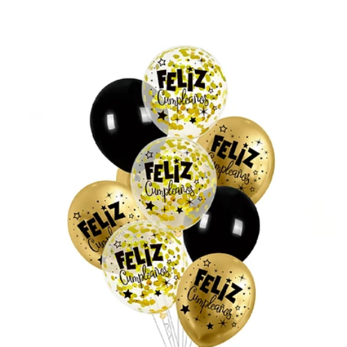 Set De Globos Latex Feliz Cumpleaños Negro-Dorado 9pcs-1