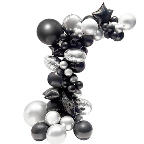 Set De Globos Látex Negro-Plateado Con Estrellas 68pcs-0