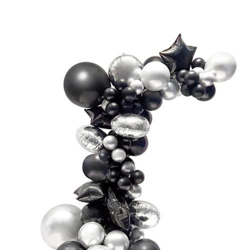 Set De Globos Látex Negro-Plateado Con Estrellas 68pcs-1