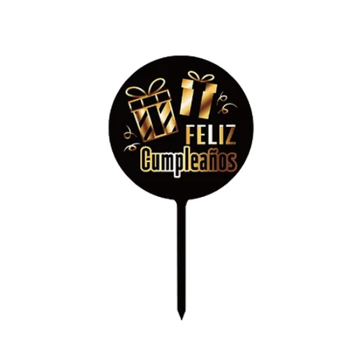 Topper Pastel Feliz Cumpleaños Negro Y Dorado 10x16cm-0
