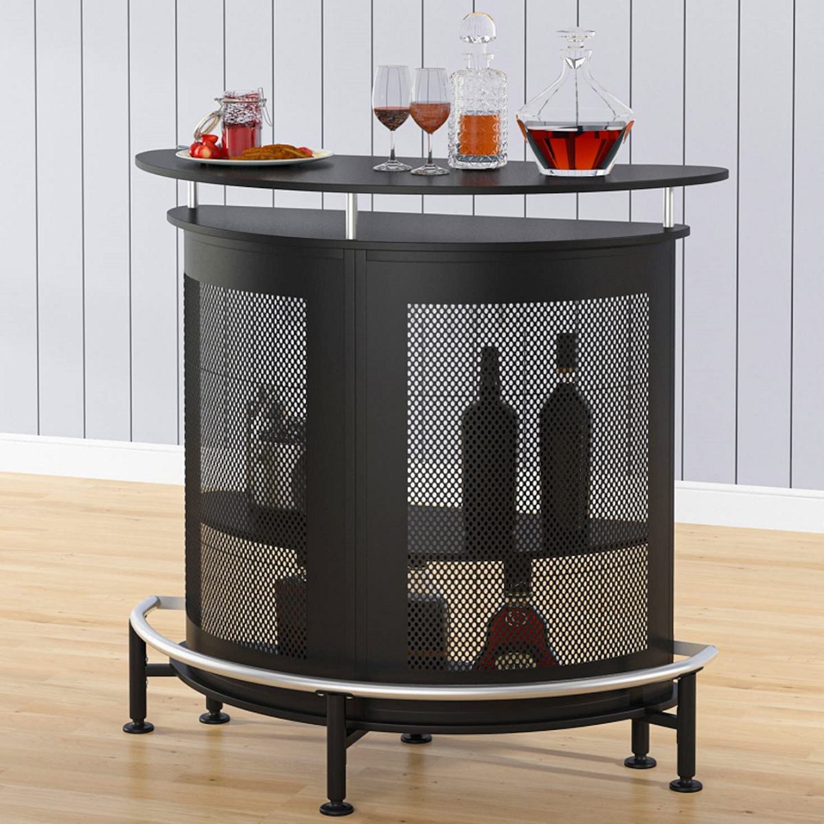 Mueble bar metálico Vesper con porta copas y compartimento negro mate-1