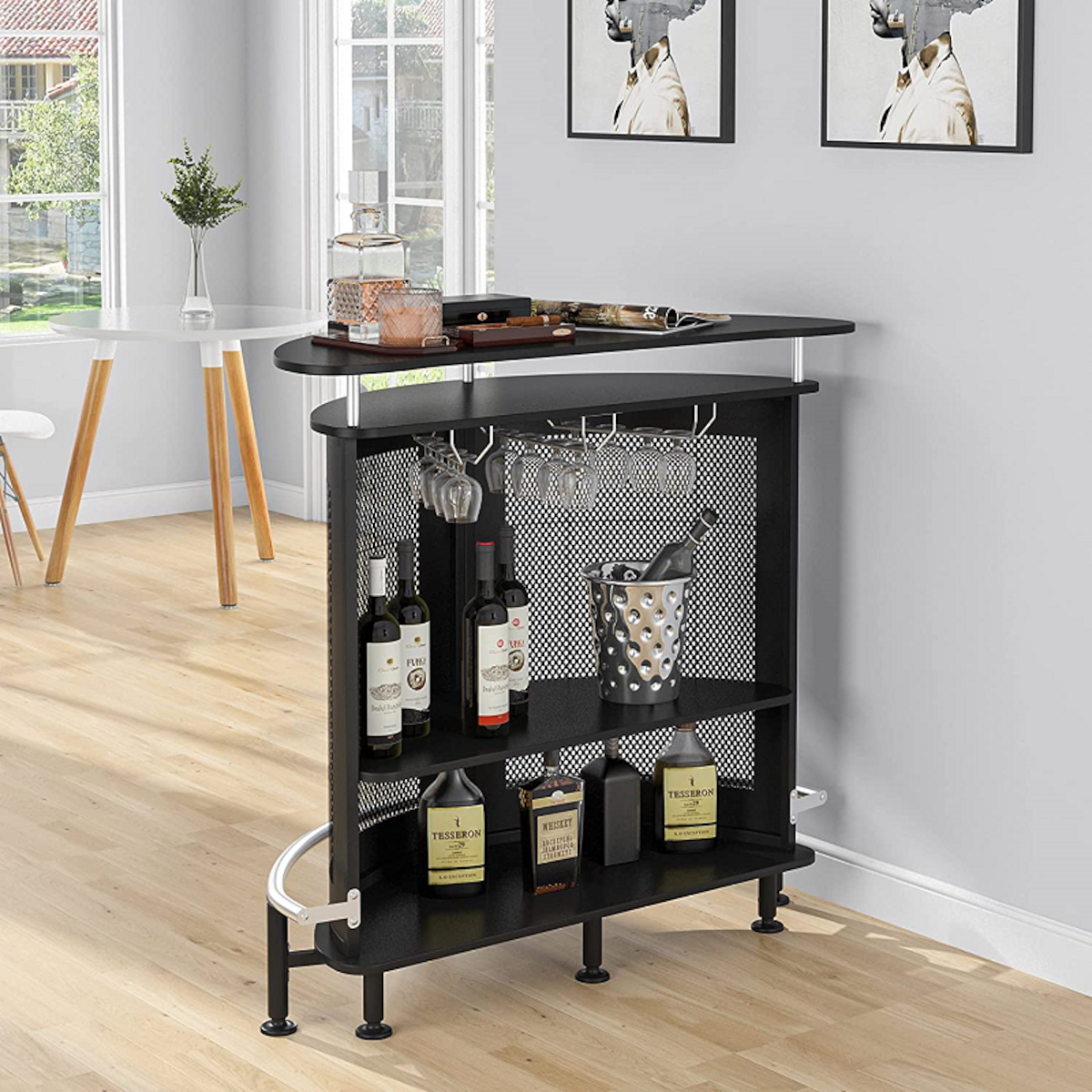 Mueble bar metálico Vesper con porta copas y compartimento negro mate-3