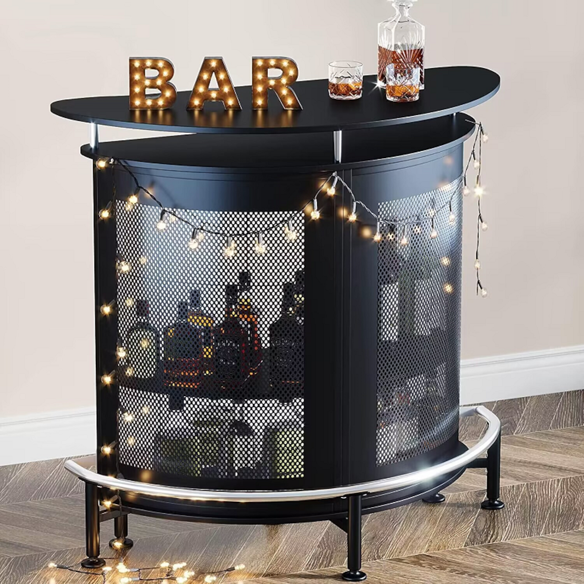 Mueble bar metálico Vesper con porta copas y compartimento negro mate-4