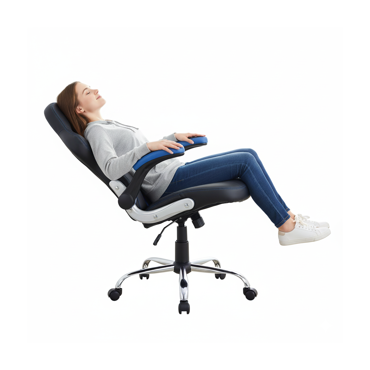 Silla Gamer Spectre mecedora con curva lumbar ecocuero negro y azul-2