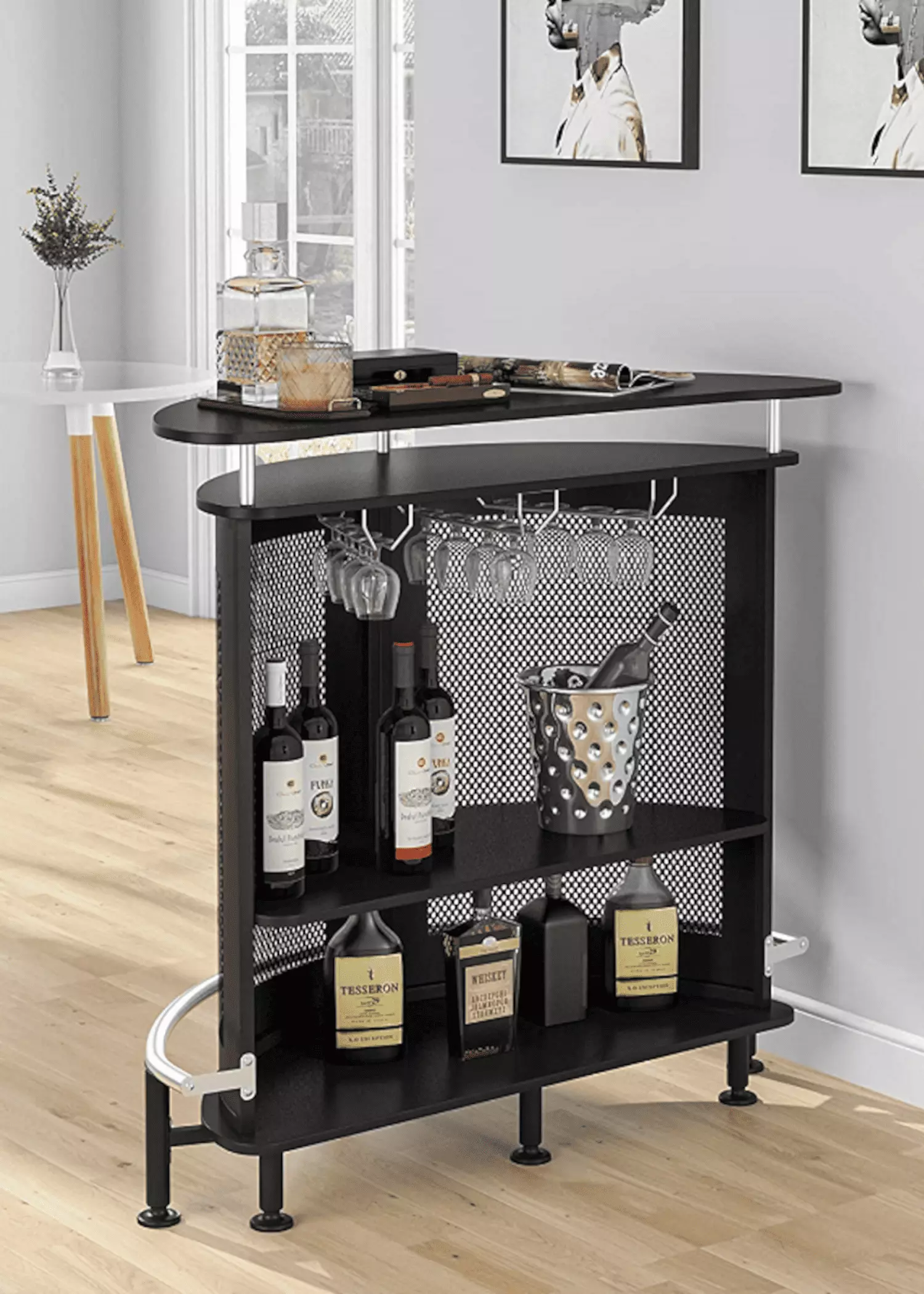 Mueble bar metálico Vesper con porta copas y compartimento negro mate-3