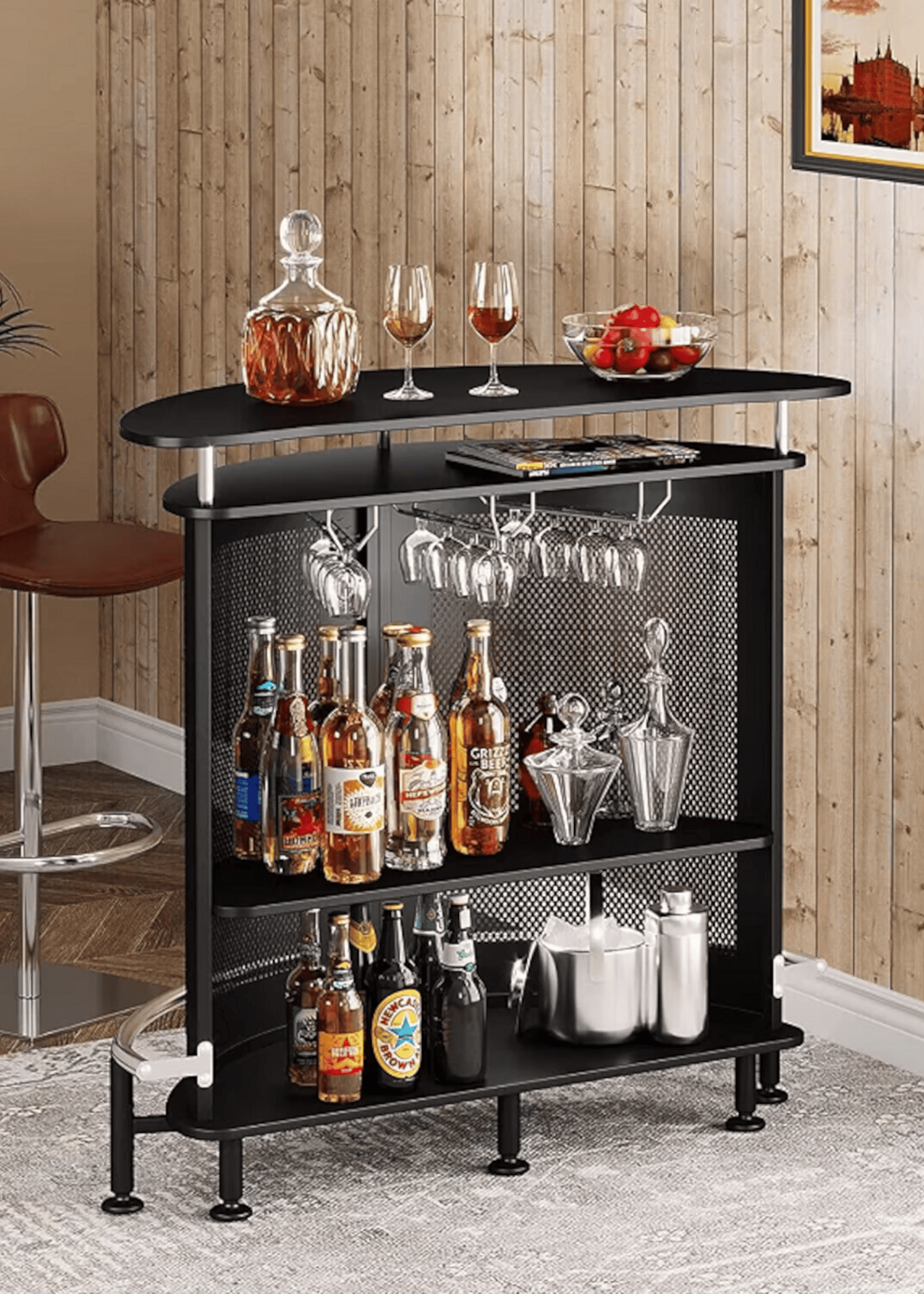 Mueble bar metálico Vesper con porta copas y compartimento negro mate-4