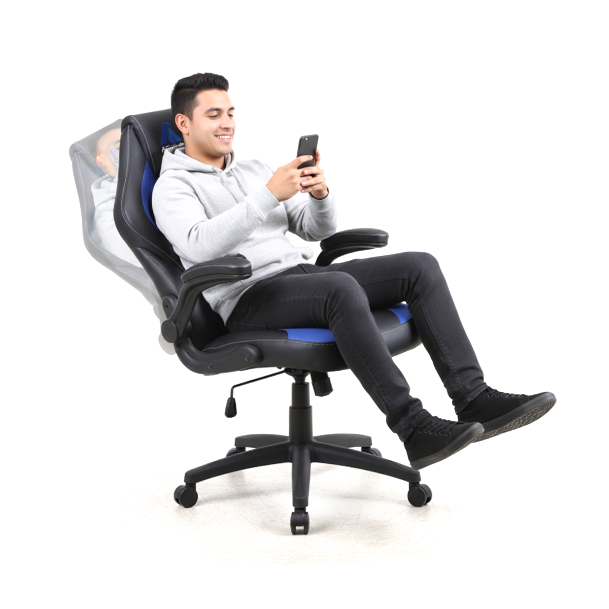 Silla Gamer Fusión mecedora malla y ecocuero negro y azul-2