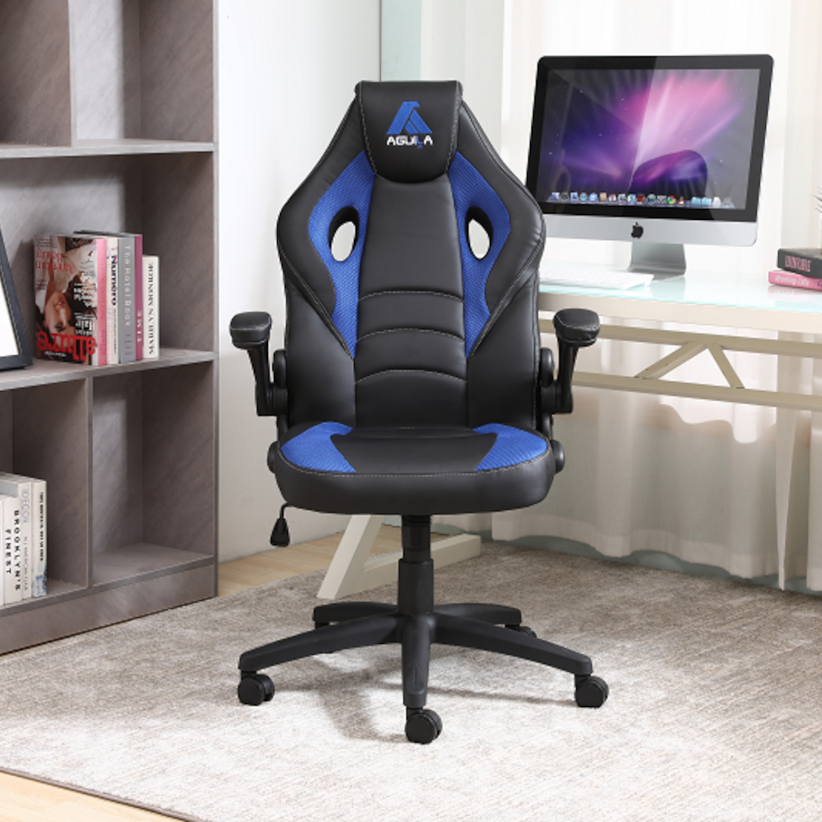 Silla Gamer Fusión mecedora malla y ecocuero negro y azul-6