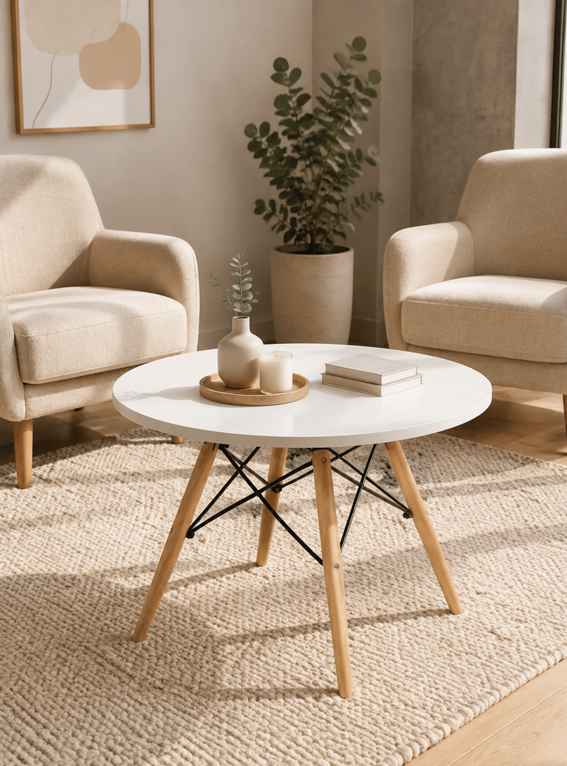 Mesa de Centro Redonda Pequeña Blanca con Patas de Madera Estilo Eames -1