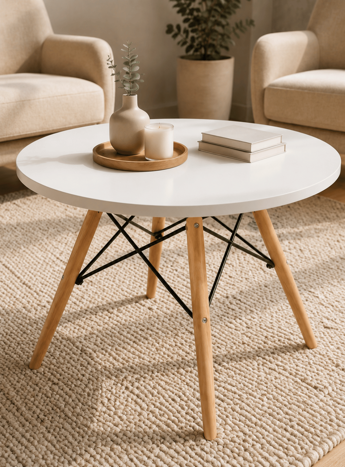Mesa de Centro Redonda Pequeña Blanca con Patas de Madera Estilo Eames -2