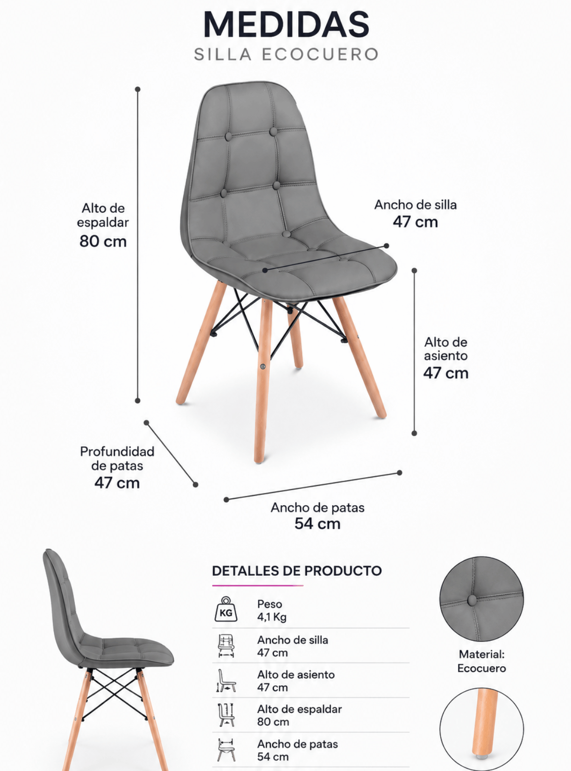 Pack 4 Sillas de Comedor Nórdica Capitone Ecocuero Acolchada con Patas de Madera-4