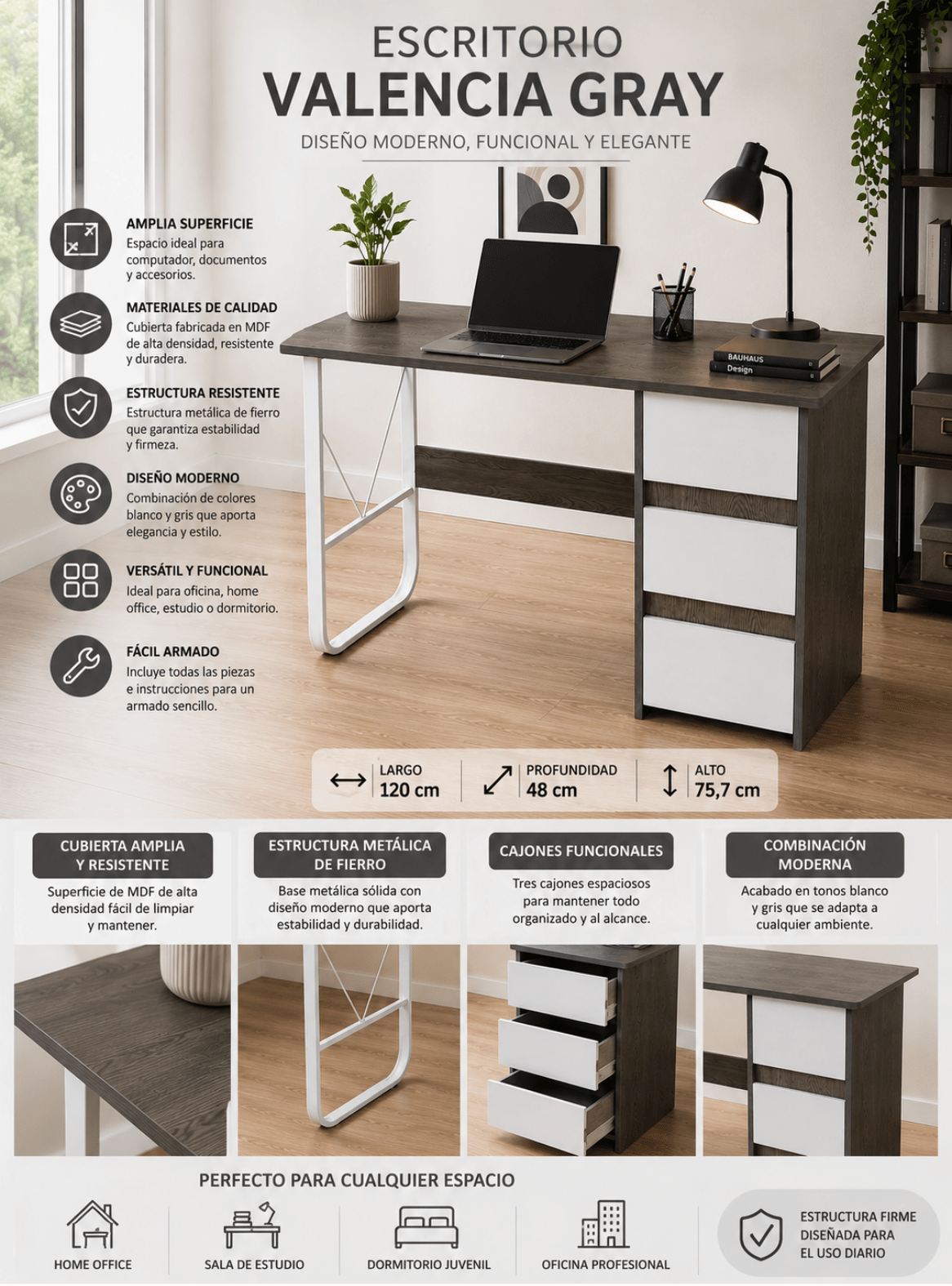 Escritorio Valencia Gray 120 cm MDF y Estructura Met lica para Home Office y Oficina-2