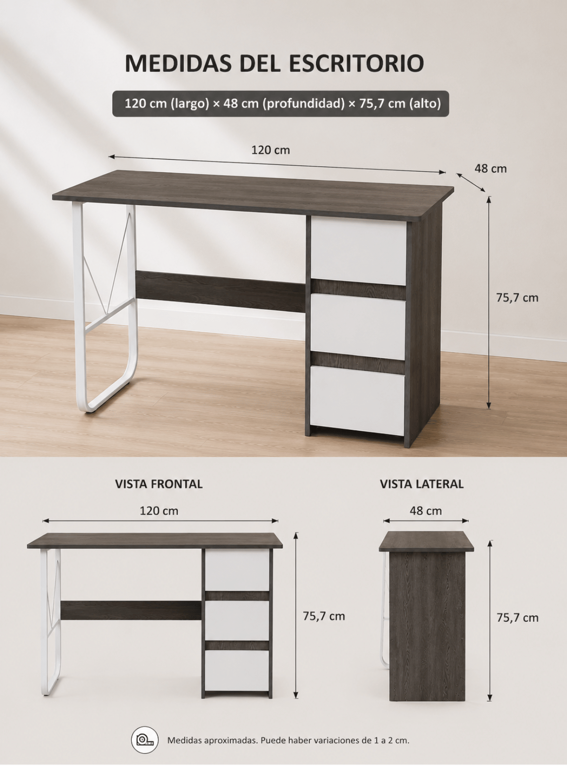 Escritorio Valencia Gray 120 cm MDF y Estructura Met lica para Home Office y Oficina-3