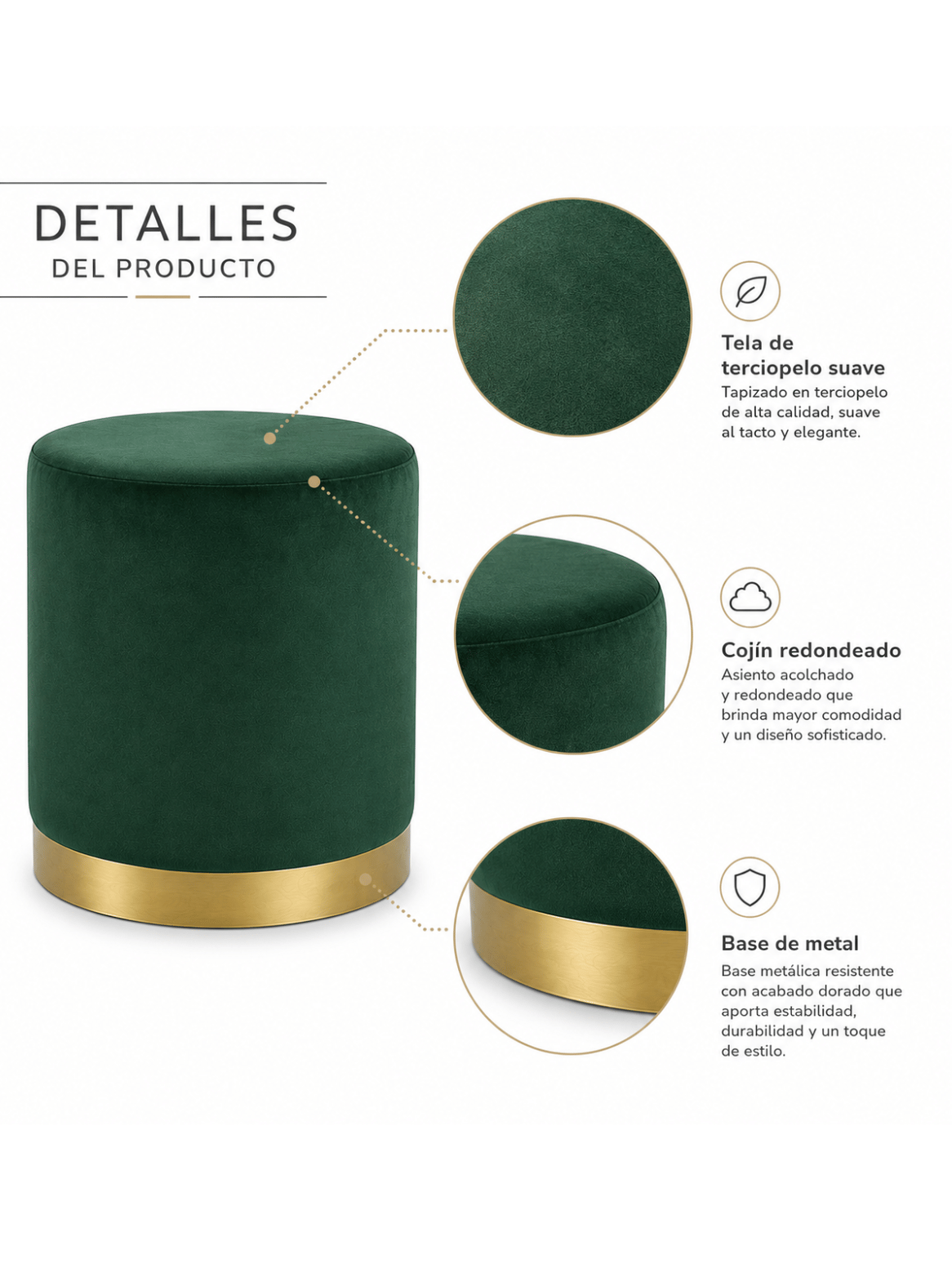 Puff Redondo Velvet con Base Dorada-3