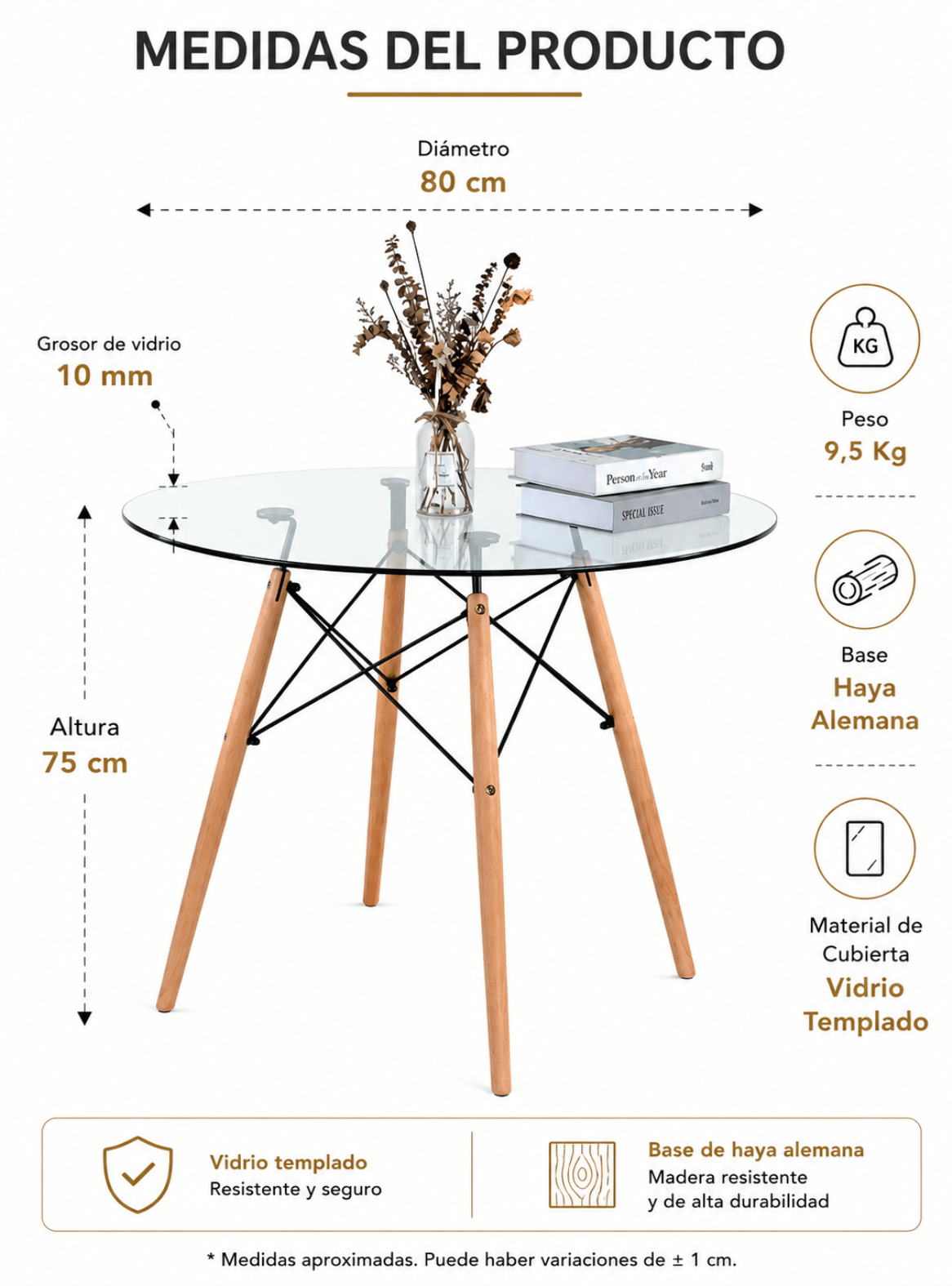 Mesa de Comedor Redonda Eames 80 cm Vidrio Templado 10 mm y Base de Haya Alemana-4