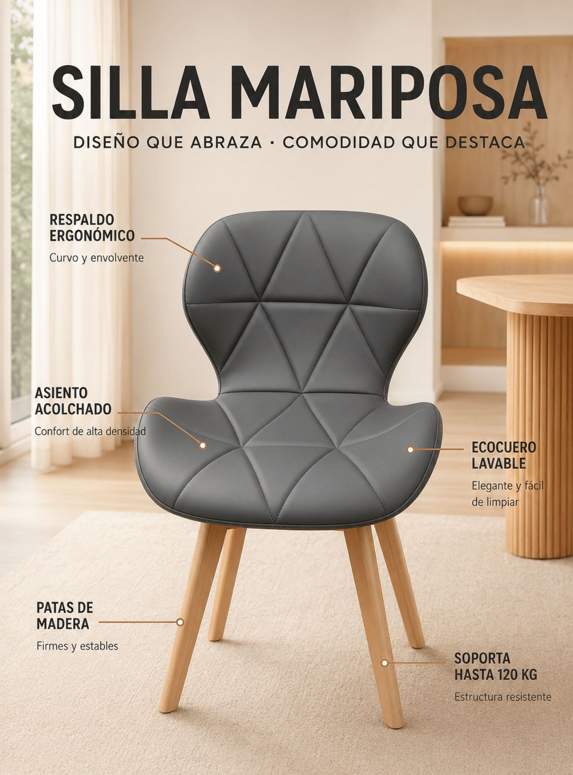 Silla de Comedor Mariposa Ecocuero Patas de Madera Estilo Nórdico-2