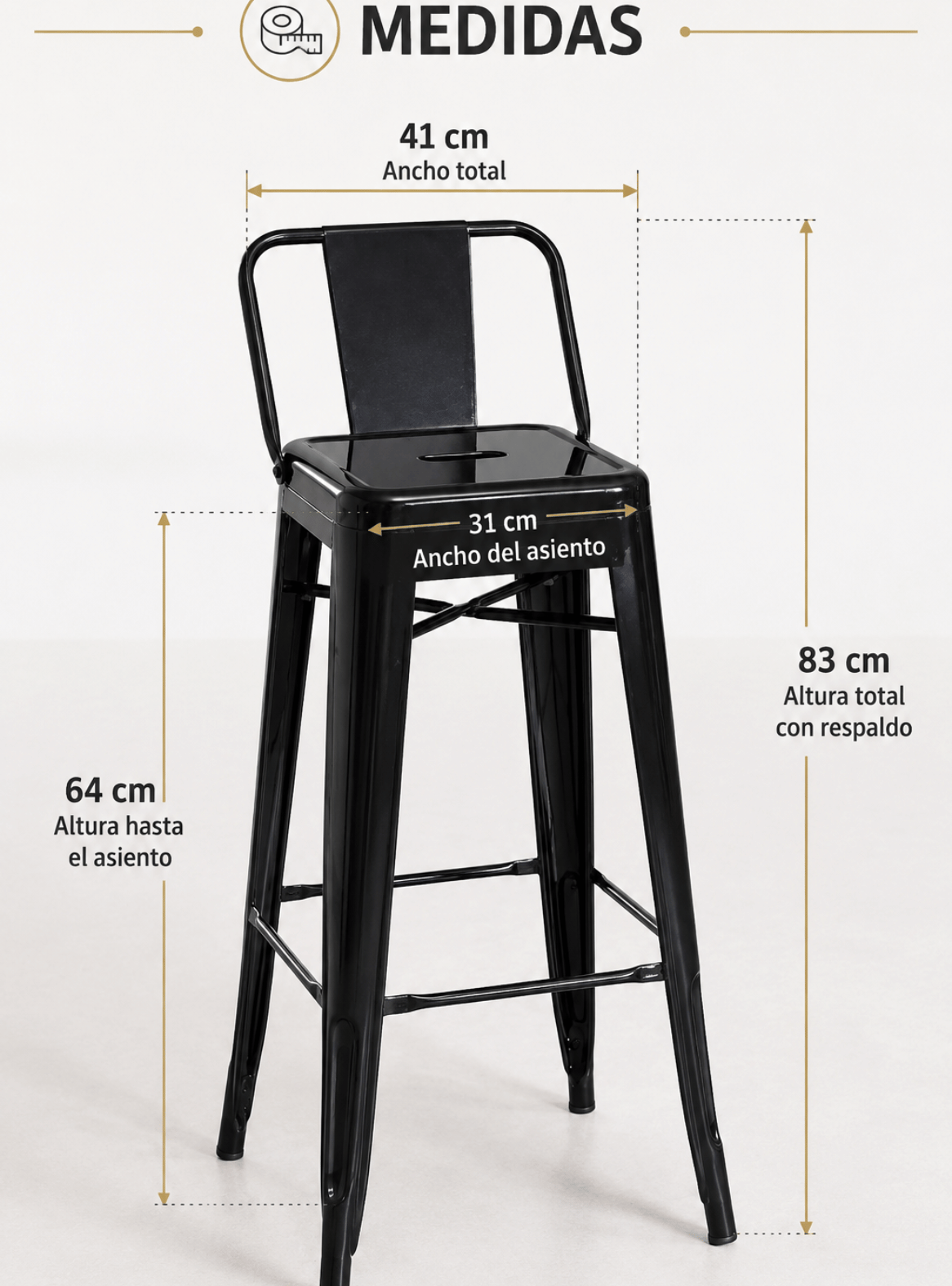 Pack 4 Taburete Tolix 66cm con Respaldo Piso Bar Industrial de Acero para quincho bar-6