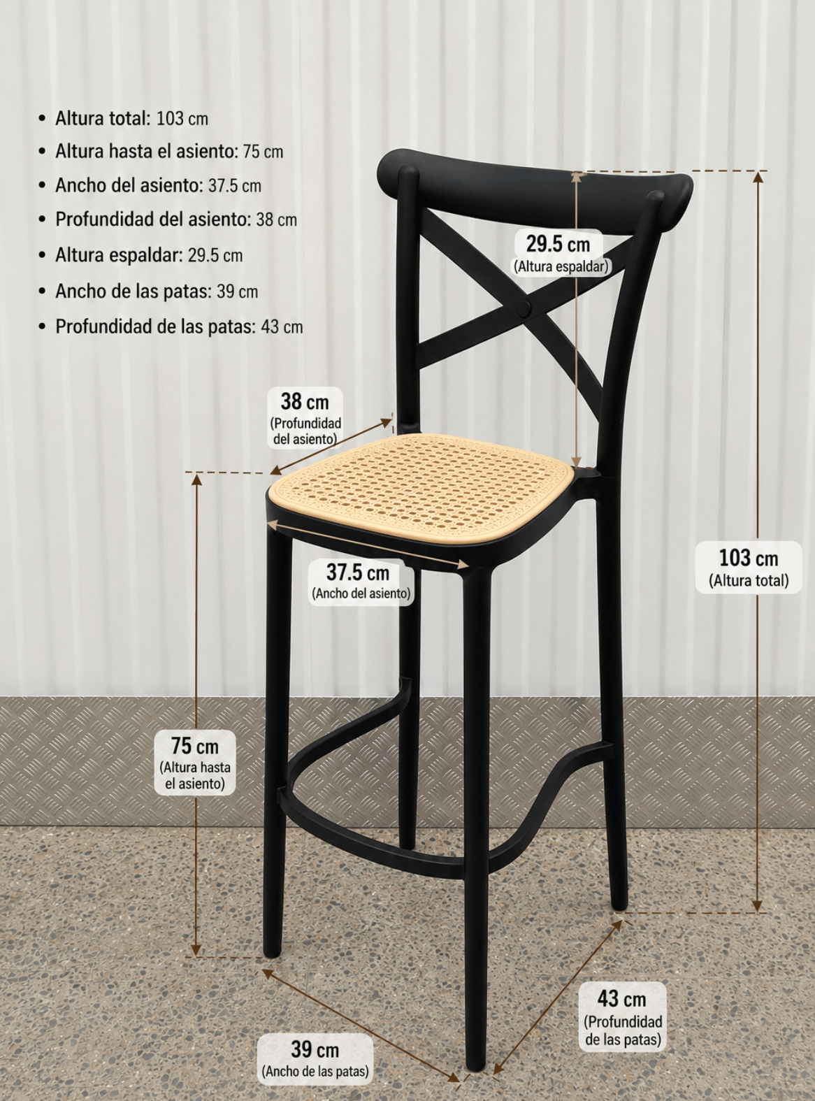 Taburete Negro de 75cm para Quincho Barra Terraza Estilo Ratán Arizona -6