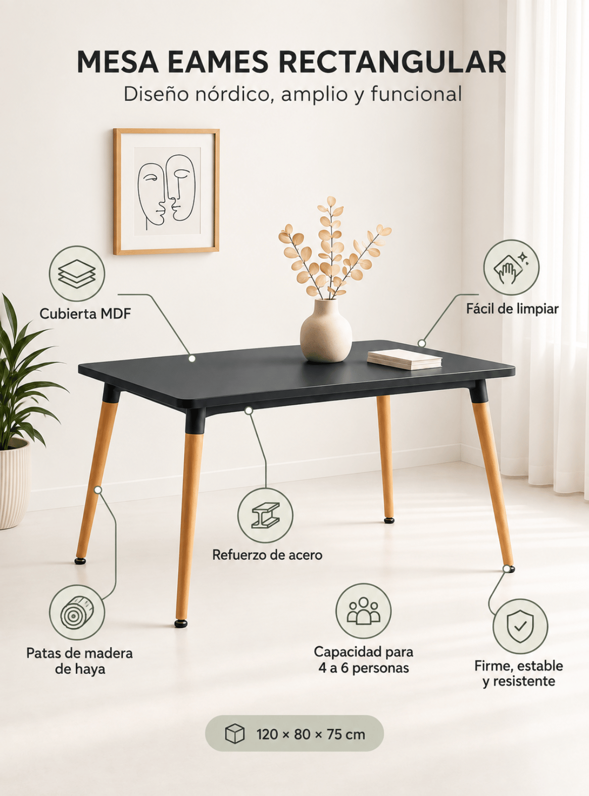 Mesa de Comedor Eames Rectangular Nordica 120cm MDF con Patas de Madera-4