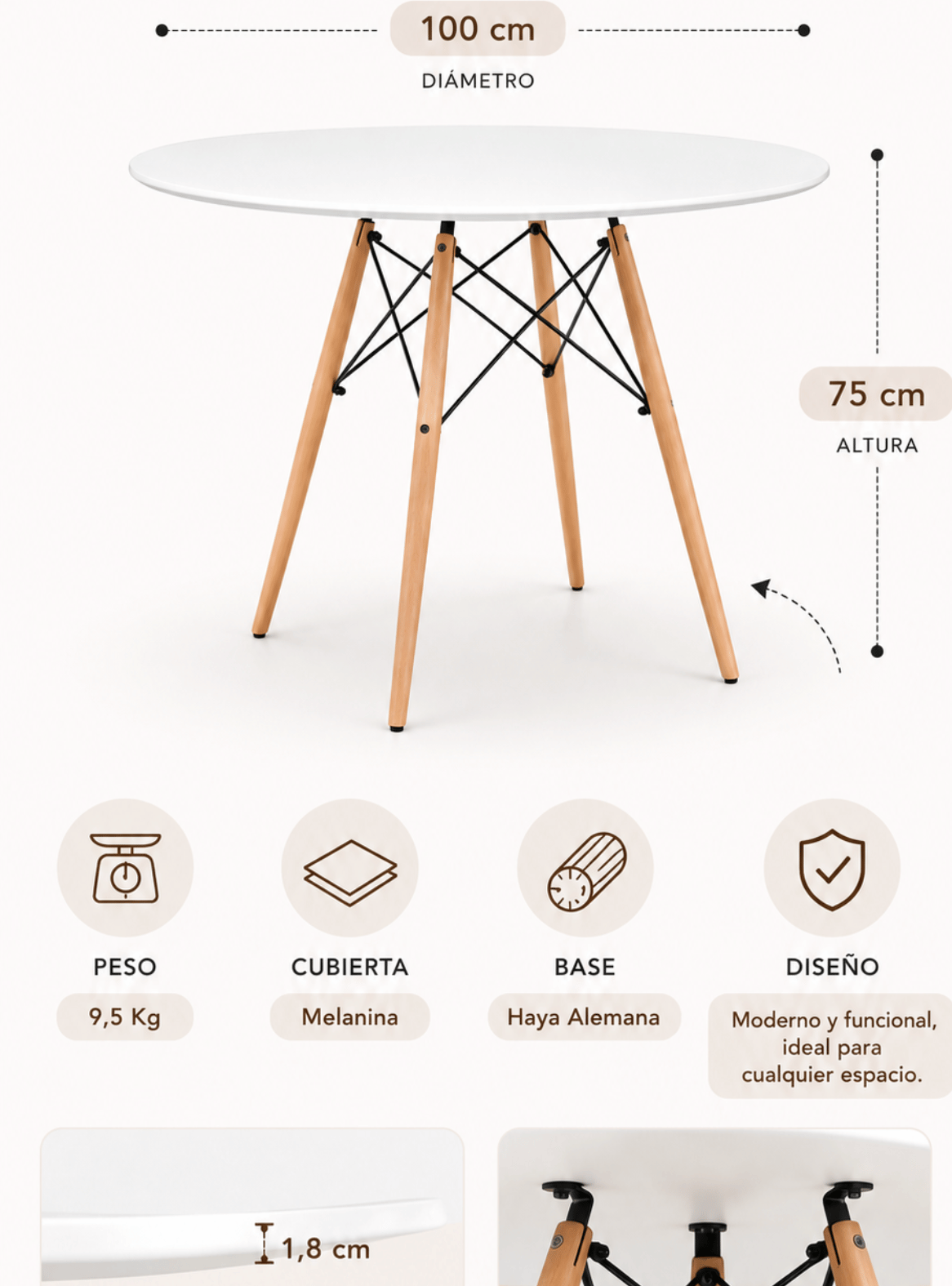 Mesa de Comedor Redonda Eames 100 cm con Patas de Madera para 4 Personas-4