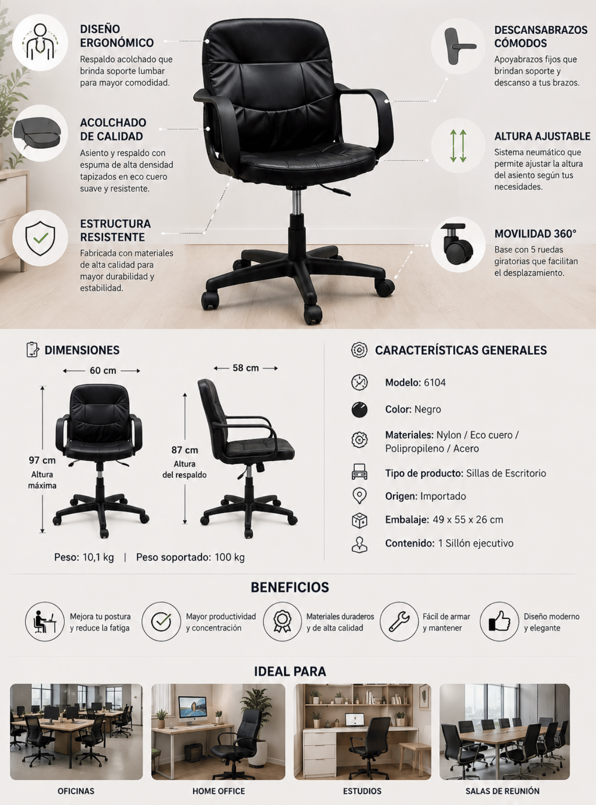 Silla de Oficina Ejecutiva Ergonómica Negra con Altura Ajustable 6104 -2