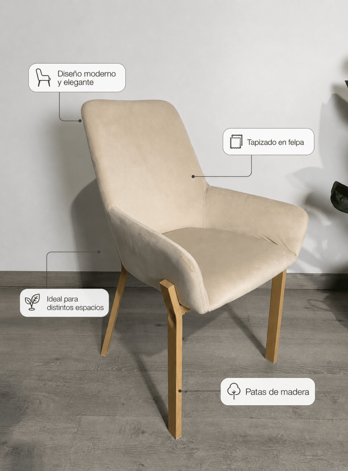 Sitial Oporto Tapizado en Felpa con Patas de Madera – Silla Moderna para Living,-7