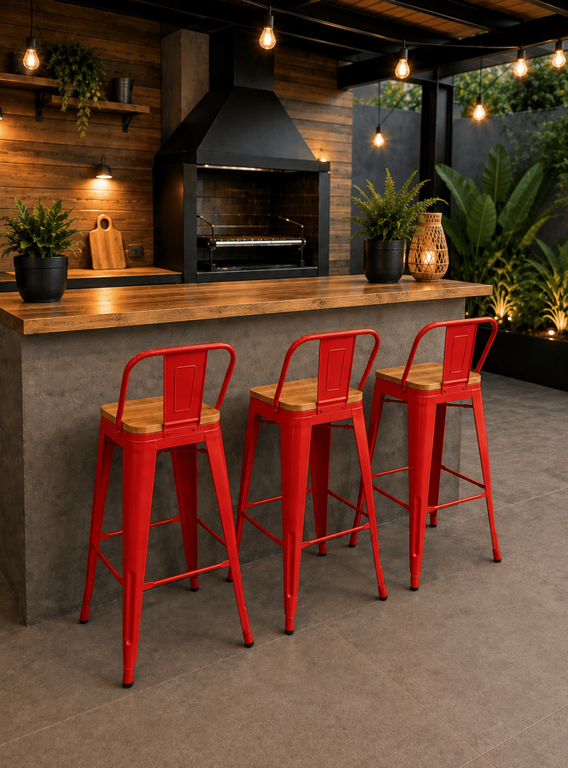 Pack 4 Piso Bar Taburete metalico Tolix 75cm con Respaldo y Asiento de Madera-1