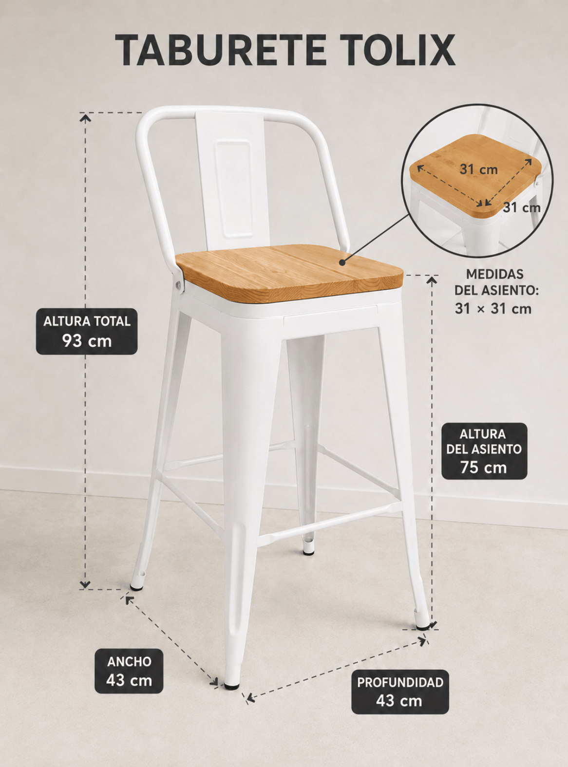 Pack 4 Piso Bar Taburete metalico Tolix 75cm con Respaldo y Asiento de Madera-3