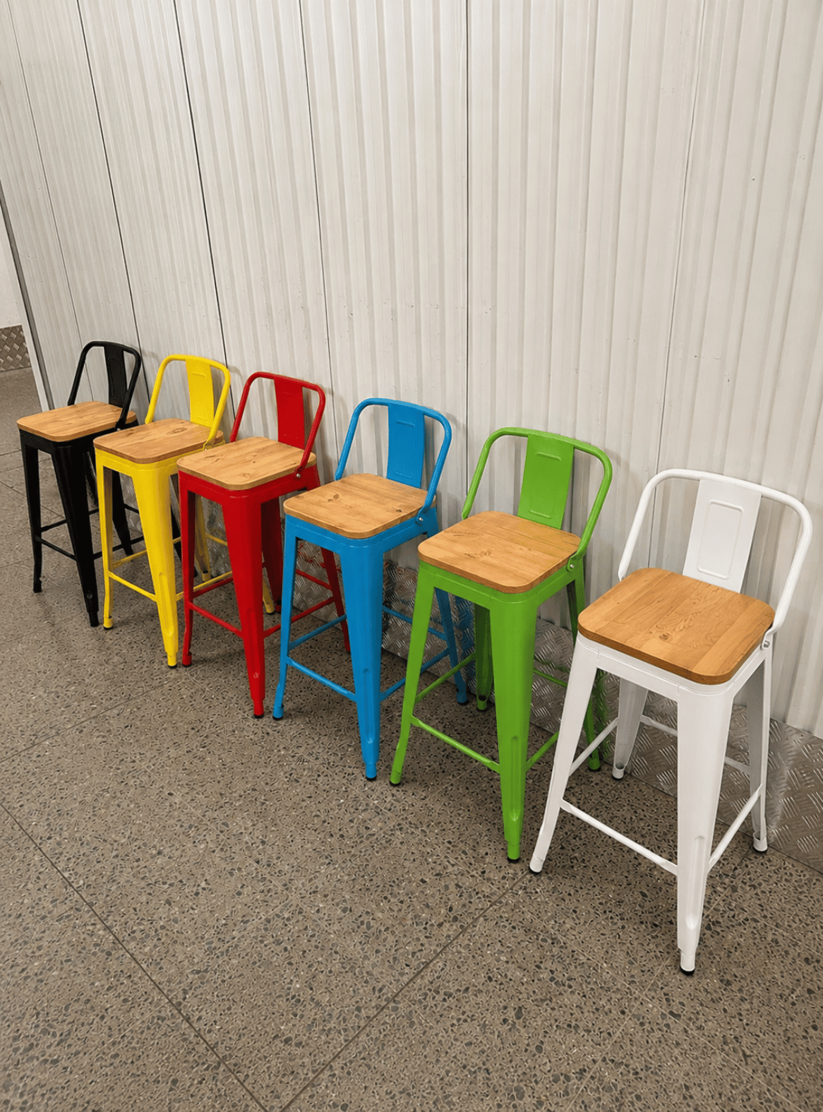 Pack 4 Piso Bar Taburete metalico Tolix 75cm con Respaldo y Asiento de Madera-6