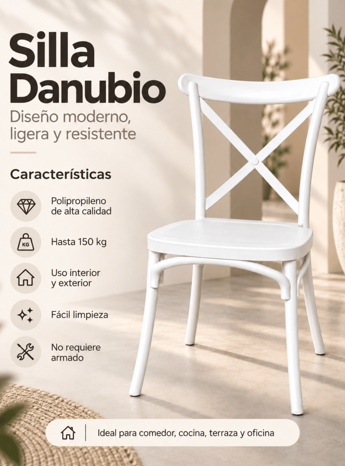 Pack 6 Sillas de comedor Restaurante Terraza Danubio Crossback Polipropileno y Exterior-3