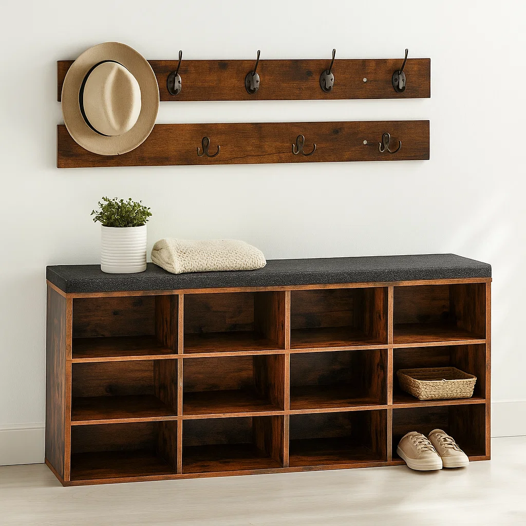 Banco Organizador con Zapatero y Percheros Rústicos-0