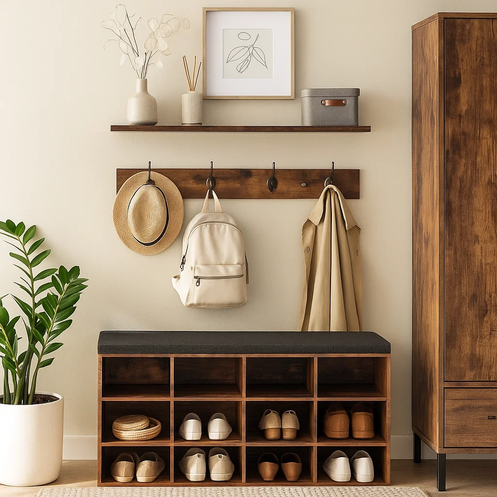 Banco Organizador con Zapatero y Percheros Rústicos-1